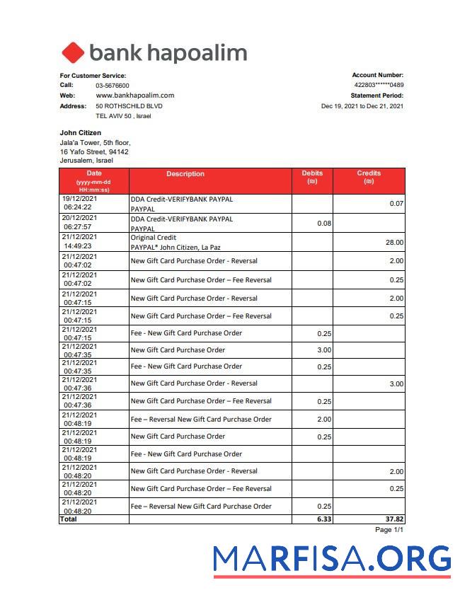 Realistic Israel Bank Hapoalim bank statement excel real example